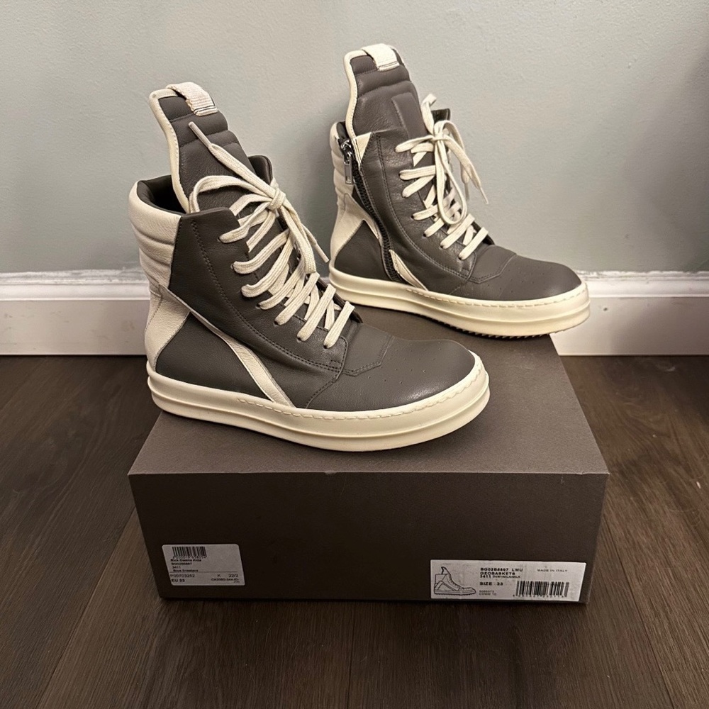 Rick Owens Gray and White Geobasket High-Top Sneakers Kids